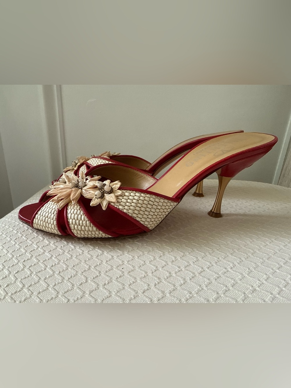 Valentino Garavani Women’s Raffia Floral Slide Mules Red & Beige Size 37 - Picture 3 of 9